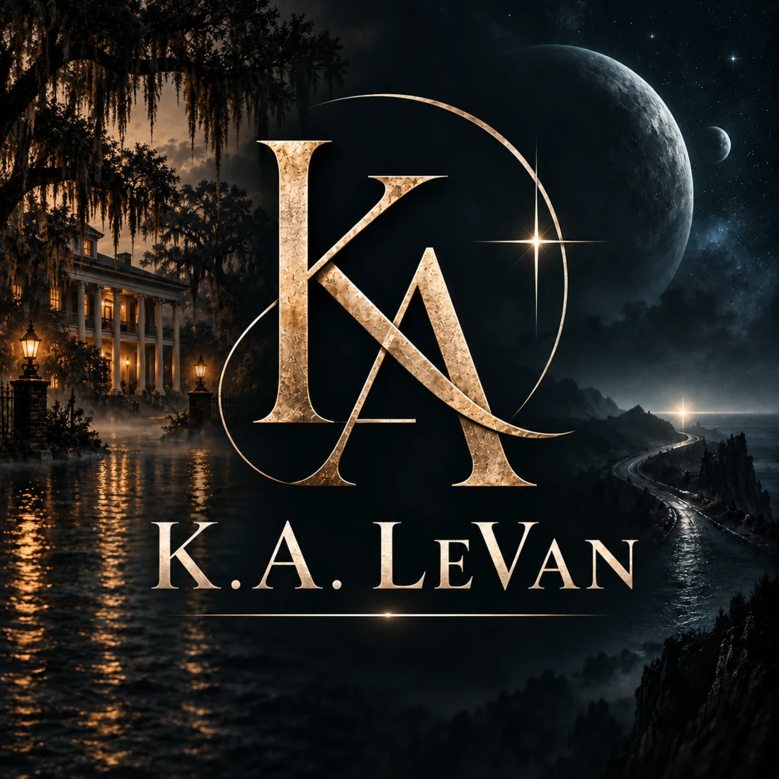 K.A. LeVan author emblem with a Southern landscape and speculative imagery